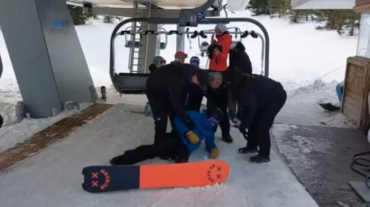 Snowboarder manhandled by mere security guards at Ontario's Blue Mountain Resort while masked idiots cheer them on